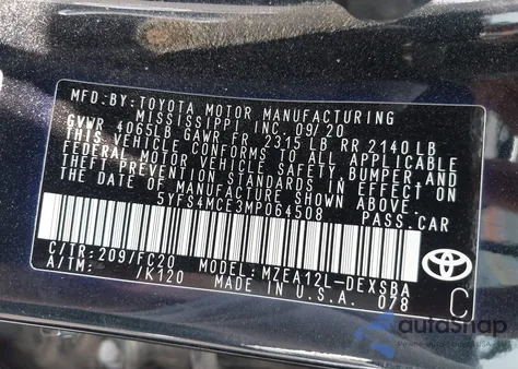 2021 Toyota Corolla Se z USA, uszkodzony, nr VIN 5YFS4MCE3MP064508